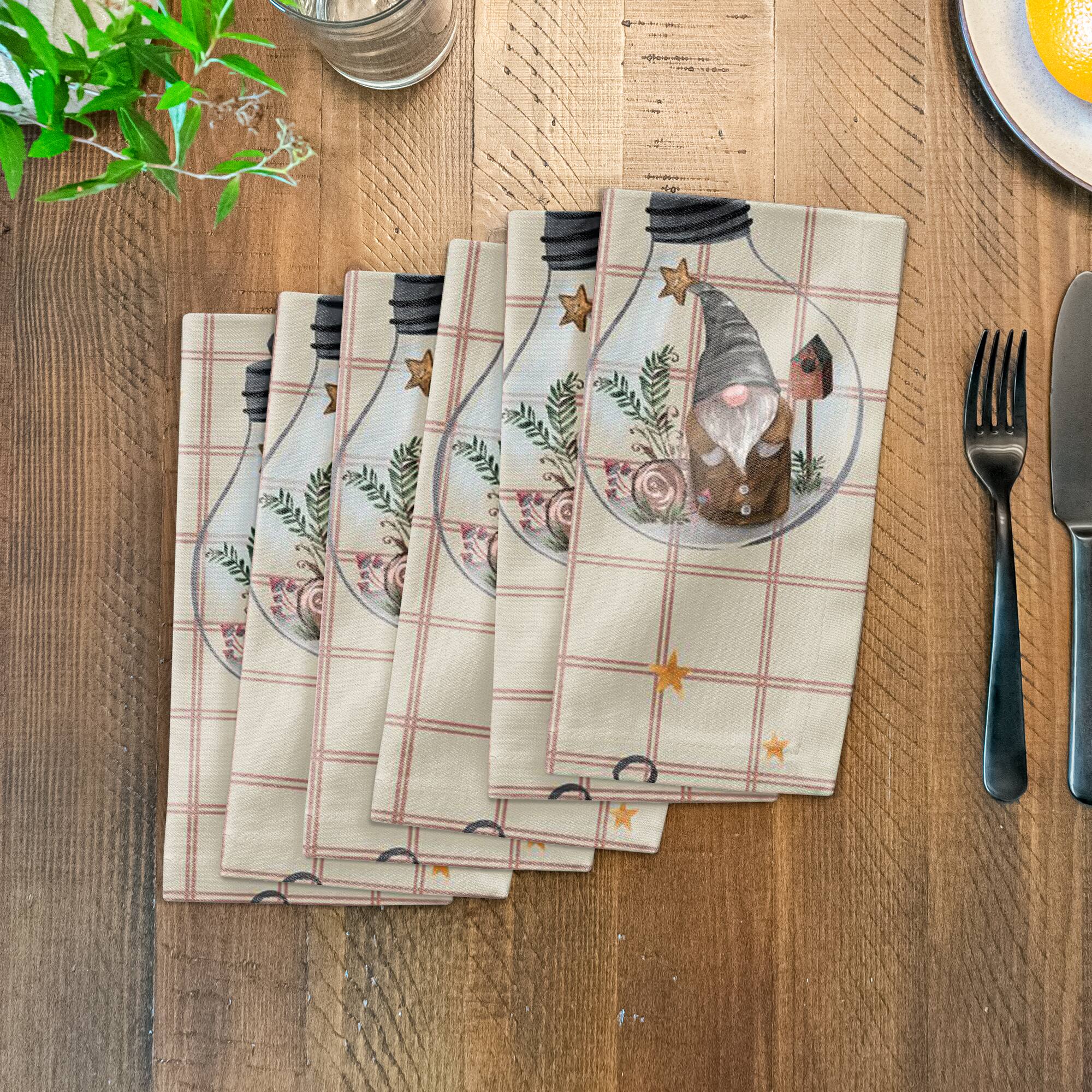 Cream & Check Gnome Globe Pattern Cotton Twill Napkin
